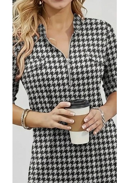 Cottonlab Kadın Uzun Kollu Hakim Yaka Yakadan Fermuarlı Geometrik Desenli Süprem Bluz fiyatları