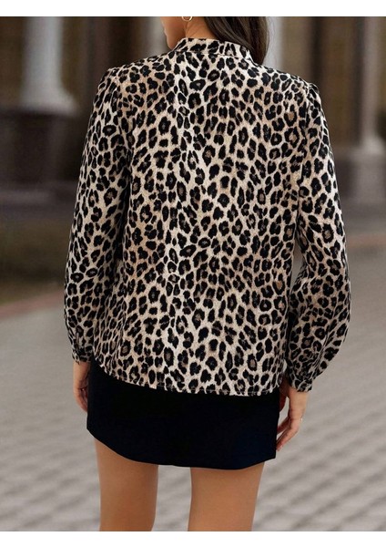 Cottonlab Kadın Uzun Kollu Yakadan Bağcıklı Leopar Desenli Süprem Bluz fırsatları