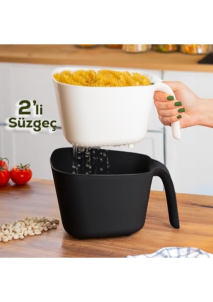 G-577 2 Parça Plastik Süzgeç Çok Amaçlı Makarna Meyve Sebze Pirinç Yıkama Süzgeci Siyah Beyaz