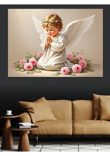 Dua Eden Bebek Melek ve Pembe Güllerle Masumiyet Postoral Renkler Dekoratif Kanvas - Mdf Ahşap Tablo