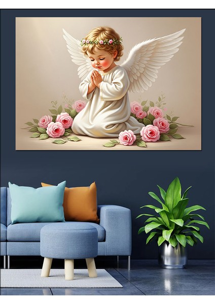 Dua Eden Bebek Melek ve Pembe Güllerle Masumiyet Postoral Renkler Dekoratif Kanvas - Mdf Ahşap Tablo fiyatları