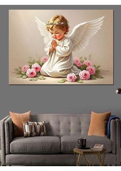 Dua Eden Bebek Melek ve Pembe Güllerle Masumiyet Postoral Renkler Dekoratif Kanvas - Mdf Ahşap Tablo modelleri