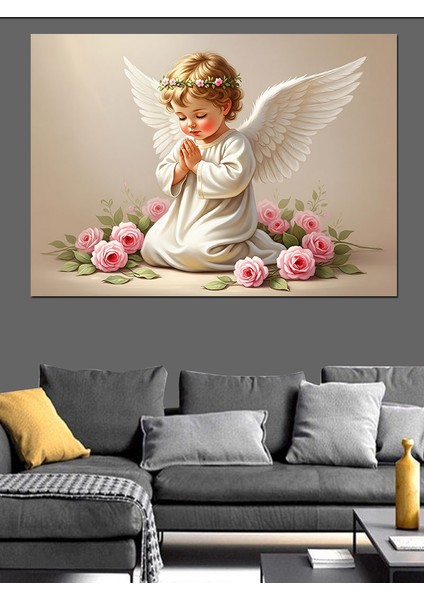 Dua Eden Bebek Melek ve Pembe Güllerle Masumiyet Postoral Renkler Dekoratif Kanvas - Mdf Ahşap Tablo indirimleri
