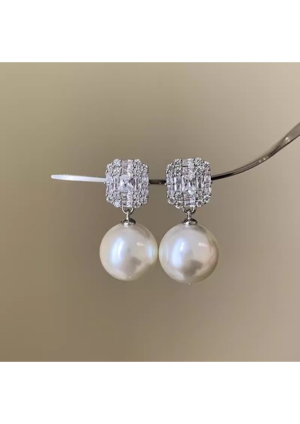 Gümüş Iğne Kıdemli Zirkonya Inci Küpe Duygusu Fransız Niş Retro Işık Lüks Küpe Küpe Takı Kadın (Yurt Dışından)