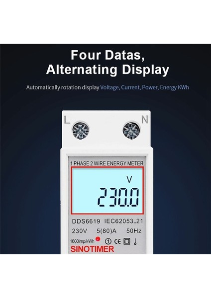 Sinotimer DDS6619-008 1 Faz Iki Tel LCD Dijital Ekran Wattmetre Güç Tüketimi Enerji Elektrik Ölçer Kwh Ac 230V 50Hz (Yurt Dışından)
