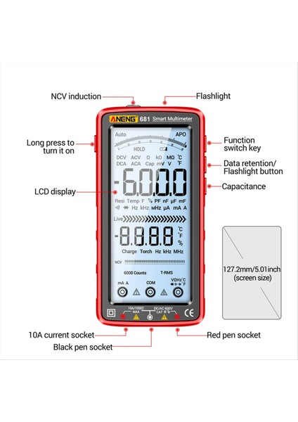 Aneng 681 Şarj Edilebilir Dijital Multimetre Iletişim Olmayan Voltaj Test Cihazı Ac/dc Voltaj Ölçer LCD Ekran Akım Test Cihazı Kırmızı (Yurt Dışından)
