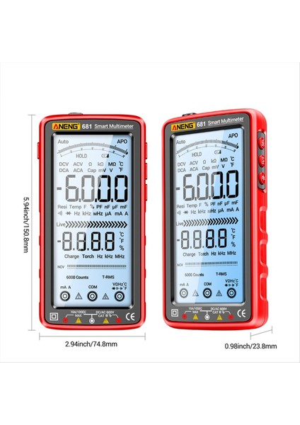 Aneng 681 Şarj Edilebilir Dijital Multimetre Iletişim Olmayan Voltaj Test Cihazı Ac/dc Voltaj Ölçer LCD Ekran Akım Test Cihazı Kırmızı (Yurt Dışından) modelleri