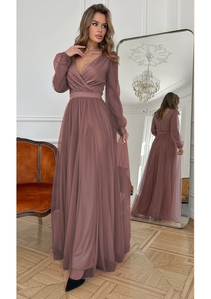 Cottonlab Kadın Uzun Kollu Kruvaze Yakalı Belden Kuşaklı Tüllü Uzun Ithal Krep Elbise fiyatları