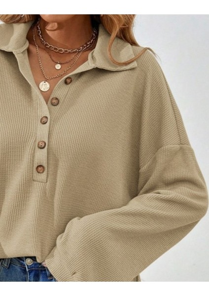Cottonlab Kadın Uzun Kollu Yakalı Düğmeli Salaş Waffle Bluz fiyatları
