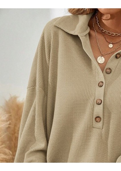 Cottonlab Kadın Uzun Kollu Yakalı Düğmeli Salaş Waffle Bluz modelleri