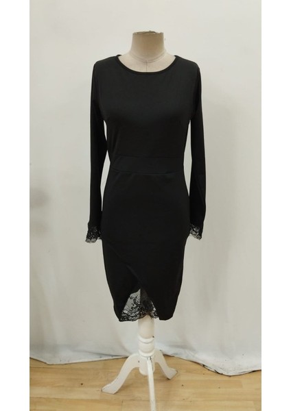 Cottonlab Kadın Uzun Kollu Bisiklet Yaka Önden Dantel ve Yırtmaç Detaylı Dalgıç Elbise fırsatları