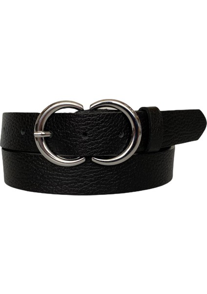 Deri Gümüş Cɔ Tokalı Siyah Baskılı Kadın Kemeri, 3cm