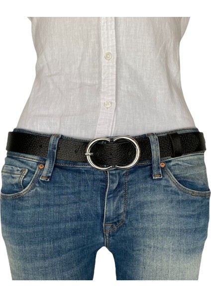 Deri Gümüş Cɔ Tokalı Siyah Baskılı Kadın Kemeri, 3cm