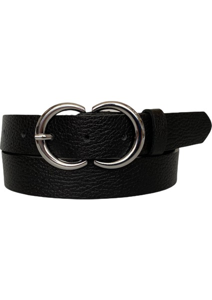 Deri Gümüş Cɔ Tokalı Siyah Baskılı Kadın Kemeri, 3cm