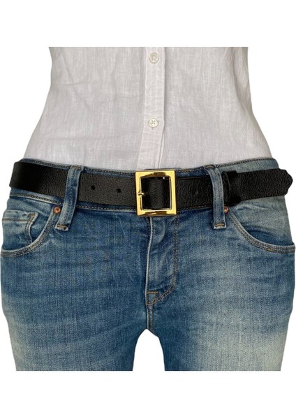 Deri Gold Tokalı Siyah Kadın Kemeri, 3cm