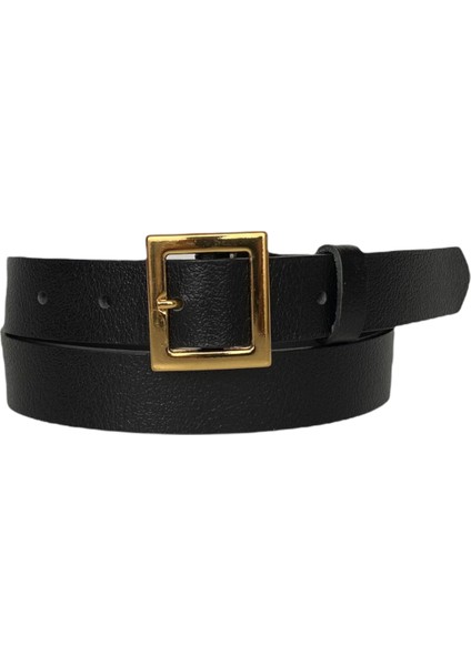 Deri Gold Tokalı Siyah Kadın Kemeri, 3cm