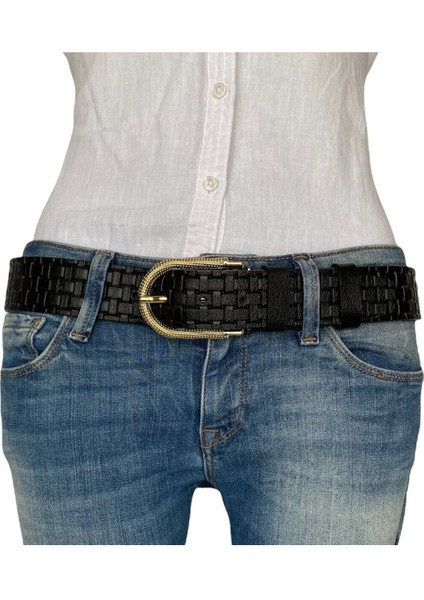 Deri, Gold Tokalı Siyah Desenli Kadın Kemeri 4 cm