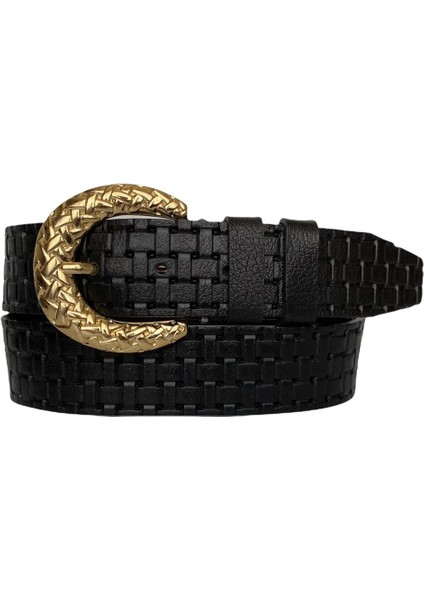 Deri, Gold Tokalı Siyah Desenli Kadın Kemeri 4 cm