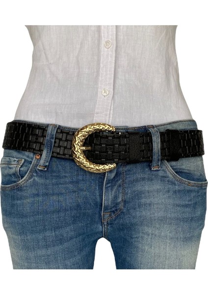 Deri, Gold Tokalı Siyah Desenli Kadın Kemeri 4 cm