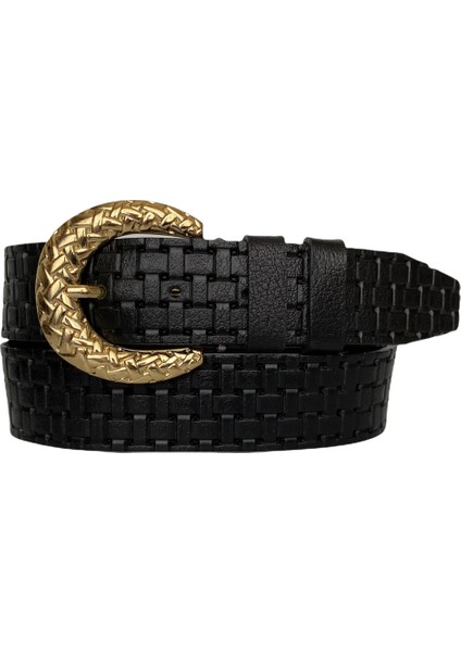 Deri, Gold Tokalı Siyah Desenli Kadın Kemeri 4 cm