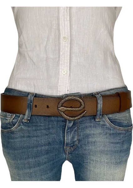 Deri, Antik Gold Yılan Tokalı Tosado Kadın Kemeri 4 cm