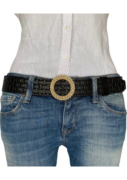 Deri, Gold Tokalı Siyah Desenli Kadın Kemeri 4 cm fiyatları