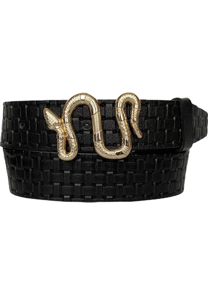 Deri, Gold Yılan Tokalı Siyah Desenli Kadın Kemeri 4 cm