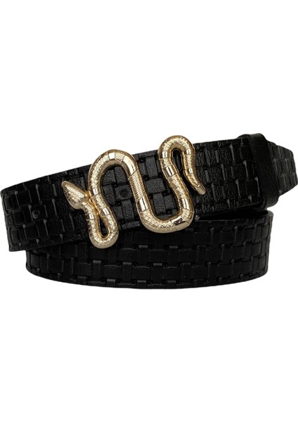 Deri, Gold Yılan Tokalı Siyah Desenli Kadın Kemeri 4 cm