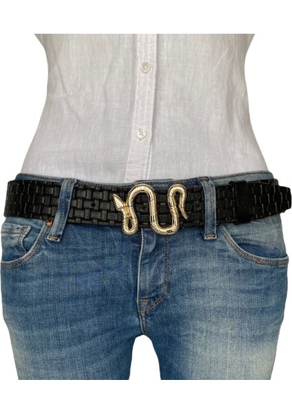 Deri, Gold Yılan Tokalı Siyah Desenli Kadın Kemeri 4 cm modelleri