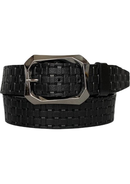 Deri, Siyah Nikel Tokalı Siyah Desenli Kadın Kemeri 4 cm