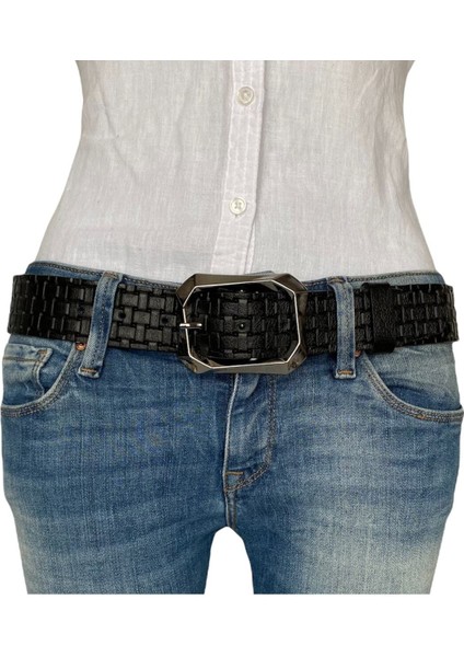Deri, Siyah Nikel Tokalı Siyah Desenli Kadın Kemeri 4 cm