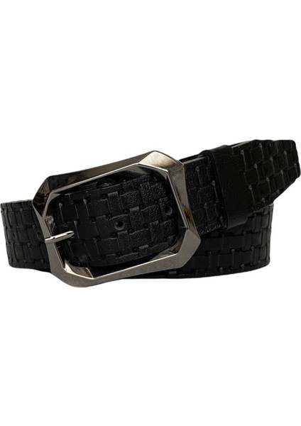 Deri, Siyah Nikel Tokalı Siyah Desenli Kadın Kemeri 4 cm