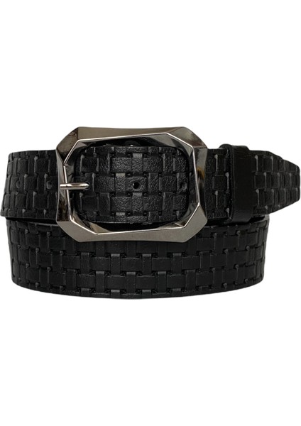 Deri, Siyah Nikel Tokalı Siyah Desenli Kadın Kemeri 4 cm