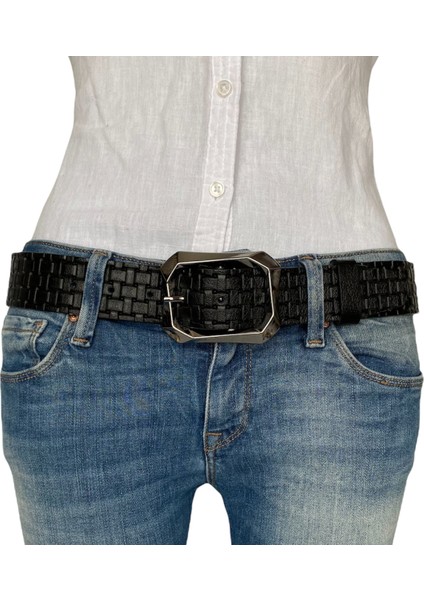 Deri, Siyah Nikel Tokalı Siyah Desenli Kadın Kemeri 4 cm fiyatları
