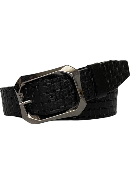 Deri, Siyah Nikel Tokalı Siyah Desenli Kadın Kemeri 4 cm modelleri