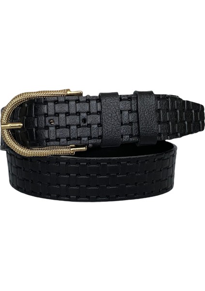 Deri, Gold Tokalı Siyah Desenli Kadın Kemeri 4 cm