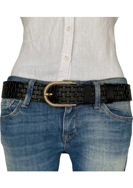 Deri, Gold Tokalı Siyah Desenli Kadın Kemeri 4 cm modelleri