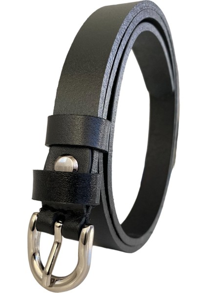 Deri Gümüş Tokalı Siyah Çok Ince Kadın Kemeri, 1.8 cm