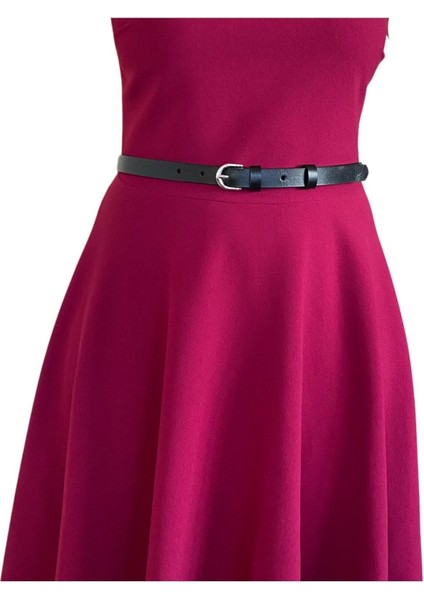 Deri Gümüş Tokalı Siyah Çok Ince Kadın Kemeri, 1.8 cm