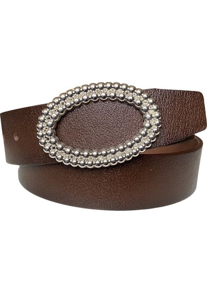 Deri, Gümüş Oval Tokalı Koyu Kahverengi Kadın Kot Kemeri 4 cm indirimleri