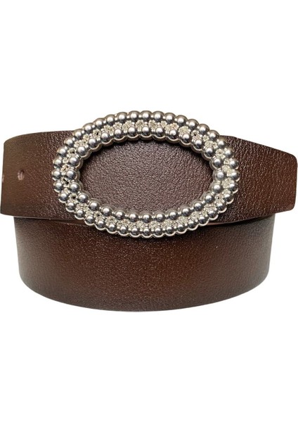 Deri, Gümüş Oval Tokalı Koyu Kahverengi Kadın Kot Kemeri 4 cm