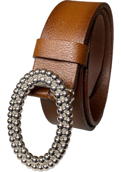 Deri, Gümüş Oval Tokalı Kahverengi Kadın Kot Kemeri 4 cm