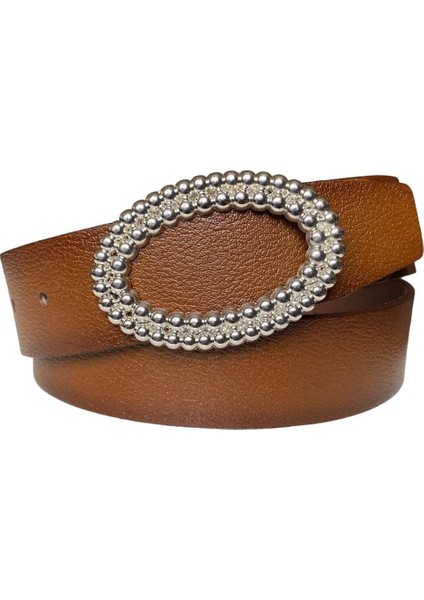 Deri, Gümüş Oval Tokalı Kahverengi Kadın Kot Kemeri 4 cm