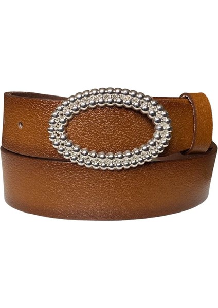 Deri, Gümüş Oval Tokalı Kahverengi Kadın Kot Kemeri 4 cm