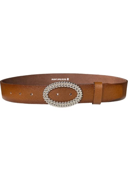 Deri, Gümüş Oval Tokalı Kahverengi Kadın Kot Kemeri 4 cm