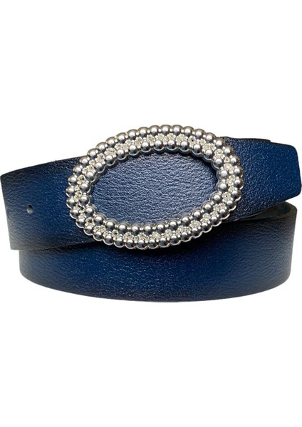 Deri, Gümüş Oval Tokalı Lacivert Kadın Kot Kemeri 4 cm