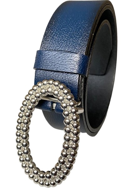Deri, Gümüş Oval Tokalı Lacivert Kadın Kot Kemeri 4 cm