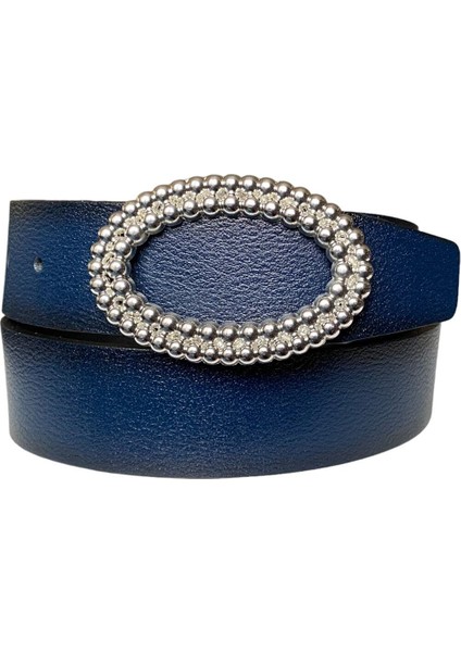 Deri, Gümüş Oval Tokalı Lacivert Kadın Kot Kemeri 4 cm