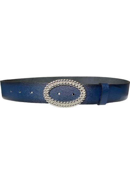 Deri, Gümüş Oval Tokalı Lacivert Kadın Kot Kemeri 4 cm