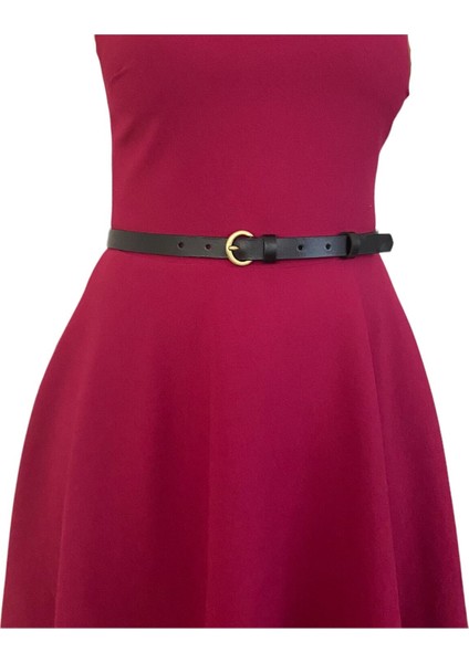 Deri Gold Tokalı Siyah Çok Ince Kadın Kemeri, 1.8 cm